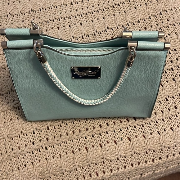 Carolyn Tucker collections seafoam blue with braided handles zipper‎ bag tote. - Picture 7 of 14